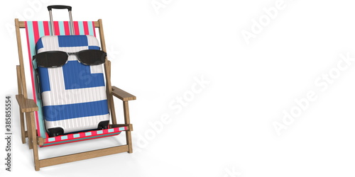 Flag of Greece on suitcase and beach chair. Travel concept  3d rendering
