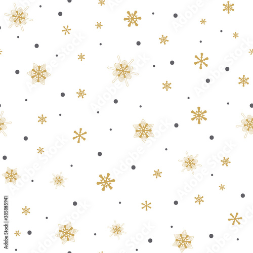 seamless pattern gold snowflakes with dots on white background  Winter background.
