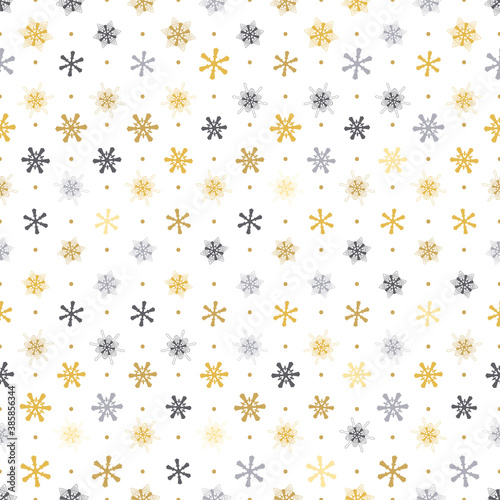 seamless pattern gold, silver snowflakes with dots on white background, Winter background.