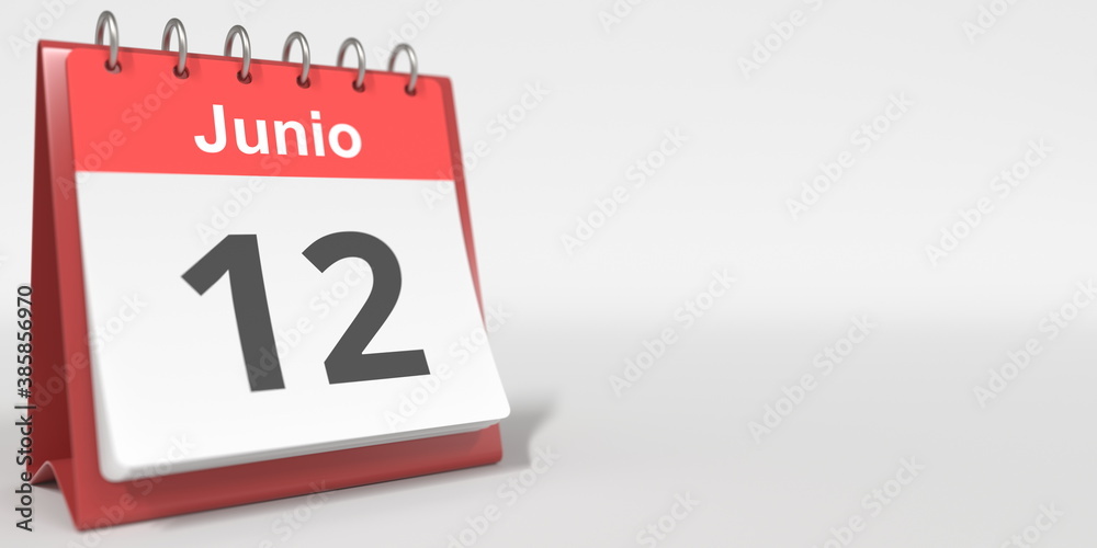 June 12 date written in Spanish on the flip calendar, 3d rendering June 12 date written in Spanish on the flip calendar, 3d rendering