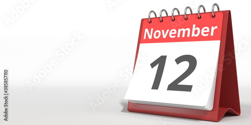 November 12 date on the flip calendar page, 3d rendering