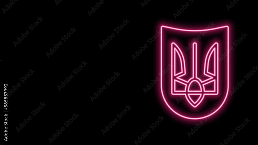 Glowing neon line National emblem of Ukraine icon isolated on black background. Ukrainian trident. 4K Video motion graphic animation