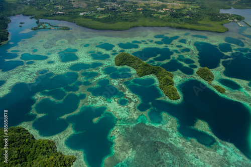 Aerial view of islands and reefs in Palau Conservation Area