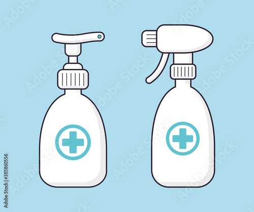 White blank medical sanitizer spray bottle and liquid soap or antiseptic hand gel, antibacterial and virus disinfection, COVID-19 prevention, coronavirus epidemic protection.