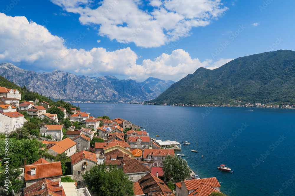 Beautiful view of Perast's village and the adriatic sea from the top of Saint Nicholas bell tower