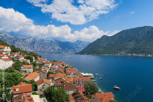 Beautiful view of Perast's village and the adriatic sea from the top of Saint Nicholas bell tower