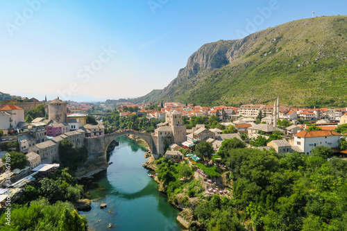Beautiful view of Mostar's old bridge and the Neretva river as seen from the minaret of Koskin-Mehmed Pasha's Mosque