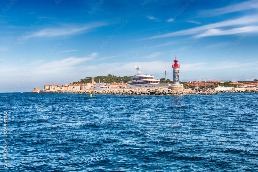 Iconic lighthouse in the harbor of Saint-Tropez, Cote d'Azur, France