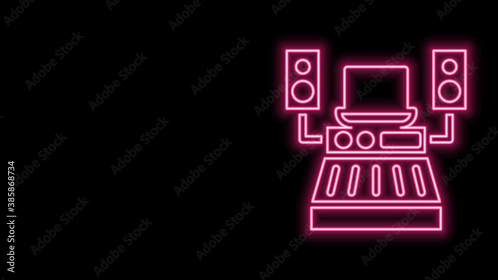 Glowing neon line Music sound recording studio control room with professional equipment icon isolated on black background. 4K Video motion graphic animation Glowing neon line Music sound recording studio control room with professional equipment icon isolated on black background. 4K Video motion graphic animation