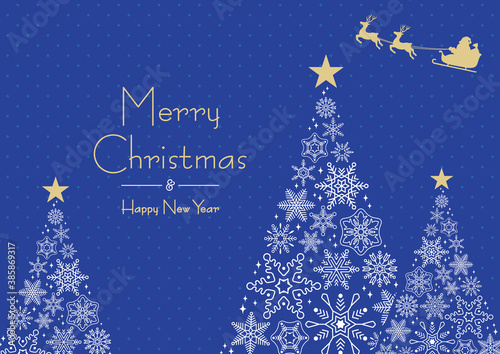 雪の結晶でできたクリスマスツリーとサンタのフレームA　横 青