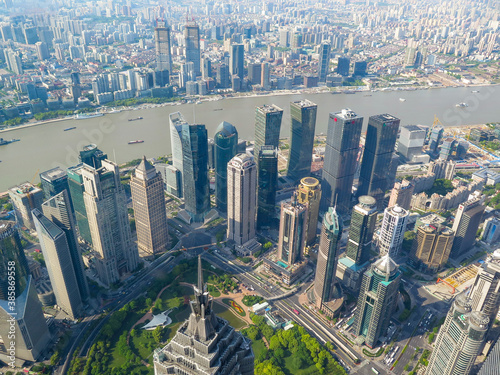 Photography Aerial view of Pudong district, the Huangpu river and the Bund from the Shanghai
