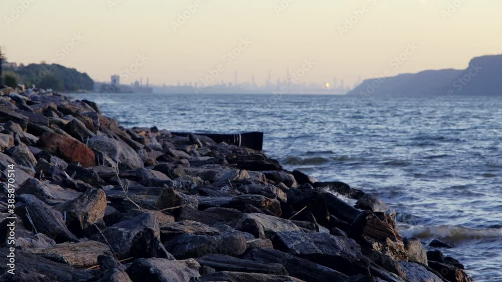 Small waves at Scenic Hudson Park with a view of the New York City Skyline, in Irvington, NY Small waves at Scenic Hudson Park with a view of the New York City Skyline, in Irvington, NY