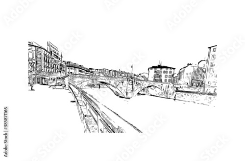 Building view with landmark of Bilbao, an industrial port city in northern Spain. Hand drawn sketch illustration in vector.