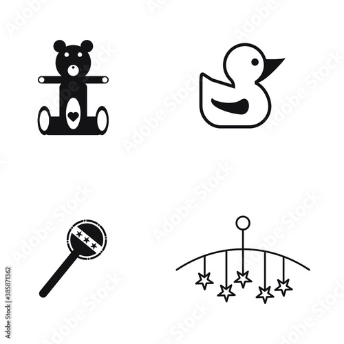 Set, collection of baby icons, such as teddy bear, duck, stars above the baby bed etc isolated on white background EPS Vector