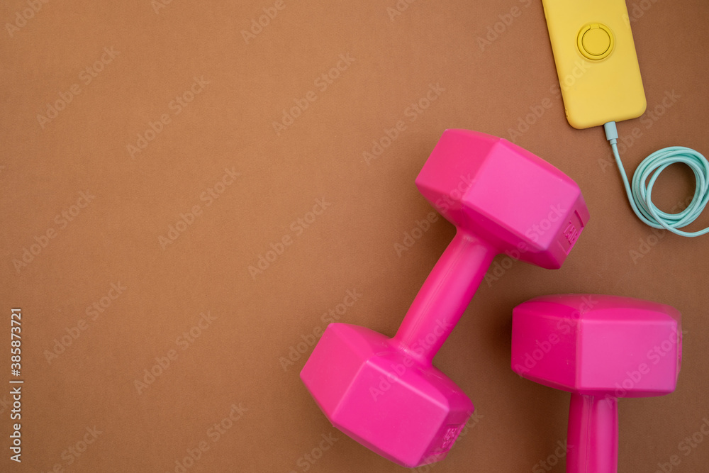 Flat Lay with dumbbells for exercise. Copy Space. Flat Lay with dumbbells for exercise. Copy Space.