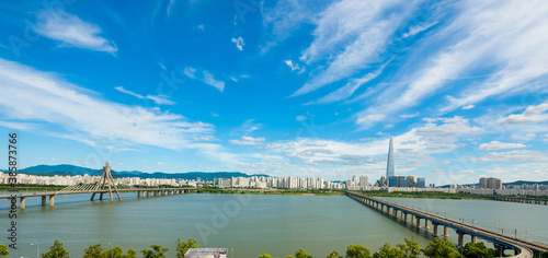 Canvas Print panorama Seoulcity South Korea. Han River and bridge