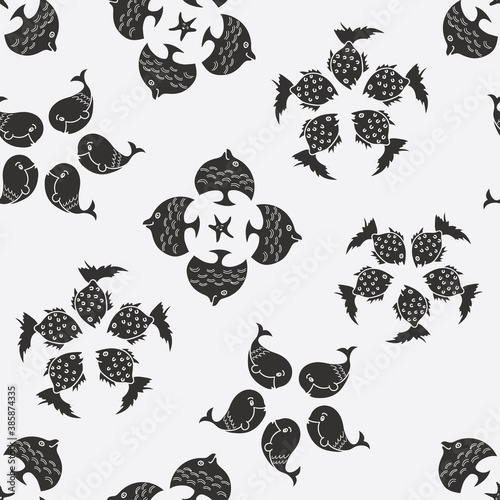 Vector aqua black and white floral seamless pattern background