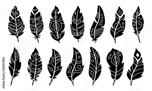 Boho feather black silhouette cartoon set. Glyph bird feathers pattern, hand drawn design collection. Ethnic bohemian style, hipster, indian symbols. Vector illustration