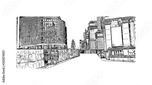 Building view with landmark of Birmingham is a major city in England. Hand drawn sketch illustration in vector.