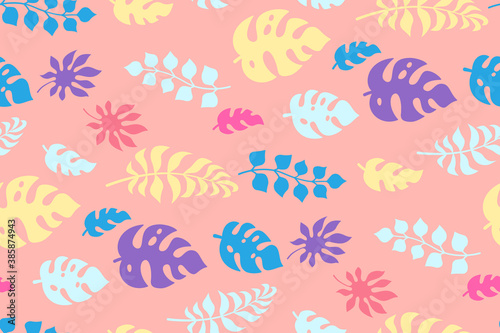 Summer branches and leaves tropical seamless pattern. Exotic cartoon wallpaper. Monstera  palm and exotic forest. Hawaiian flat plants jungle pink background. Vector illustration