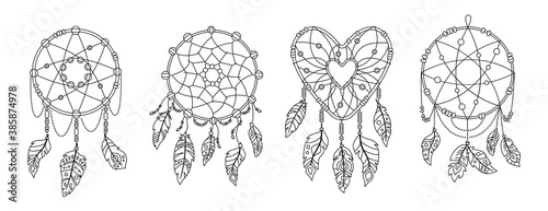 Boho dreamcatcher with feathers black outline set. Ethnic design, boho chic. Line bird feathers, talisman sweet dream hand drawn. Native American indian design. Ethnic bohemian vector