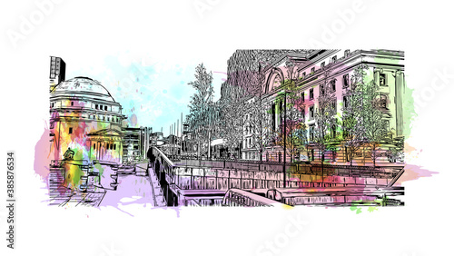 Building view with landmark of Birmingham is a major city in England. Watercolor splash with hand drawn sketch illustration in vector.