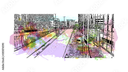 Building view with landmark of Birmingham is a major city in England. Watercolor splash with hand drawn sketch illustration in vector.