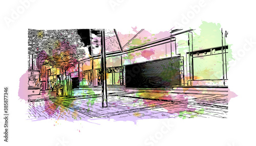 Building view with landmark of Birmingham is a major city in England. Watercolor splash with hand drawn sketch illustration in vector.