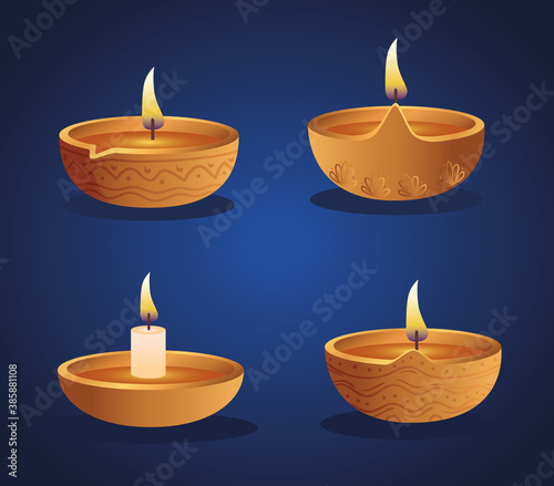 Happy diwali diya candles set design, Festival of lights theme Vector illustration