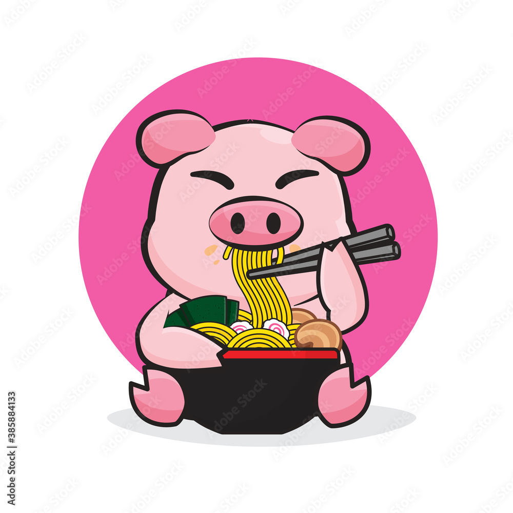 Cute pig eating a ramen noodle cartoon vector illustration. animal food  concept isolated vector. flat cartoon style Stock Vector | Adobe Stock