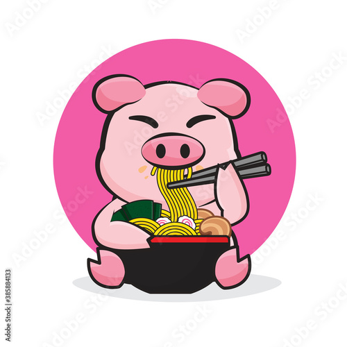 Cute pig eating a ramen noodle cartoon vector illustration. animal food concept isolated vector. flat cartoon style