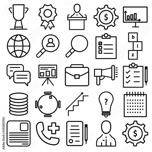 Set of business developing icons, related to office equipment, graph, chart web icons, black outline isolated on white background EPS Vector such as lamp, coffee, computer, clock 