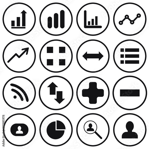 Set of business developing icons, related to office equipment, graph, chart web icons, black outline isolated on white background EPS Vector such as lamp, coffee, computer, clock 