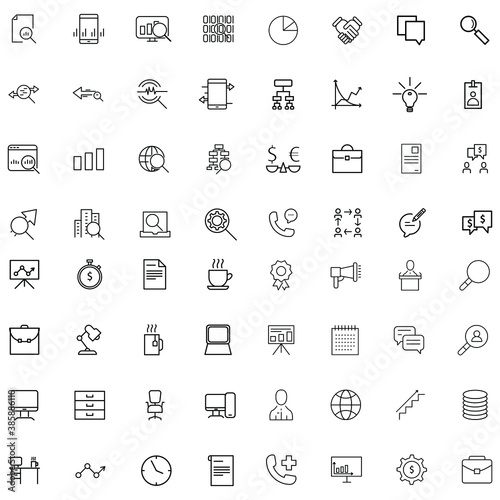 Set of business developing icons, related to office equipment, graph, chart web icons, black outline isolated on white background EPS Vector such as lamp, coffee, computer, clock 