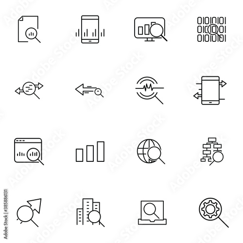 Set of business developing icons, related to office equipment, graph, chart web icons, black outline isolated on white background EPS Vector such as lamp, coffee, computer, clock 