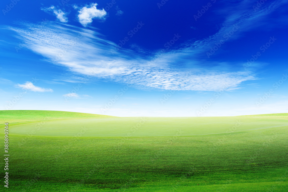 Landscape view of green grass on slope with blue sky and clouds background.