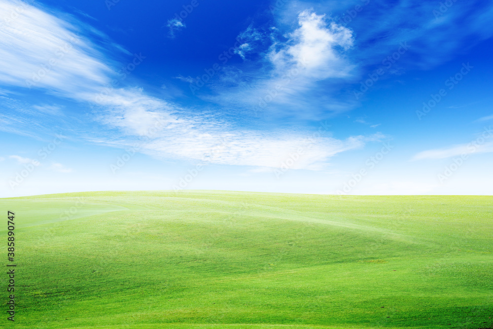 Landscape view of green grass on slope with blue sky and clouds background. Landscape view of green grass on slope with blue sky and clouds background.