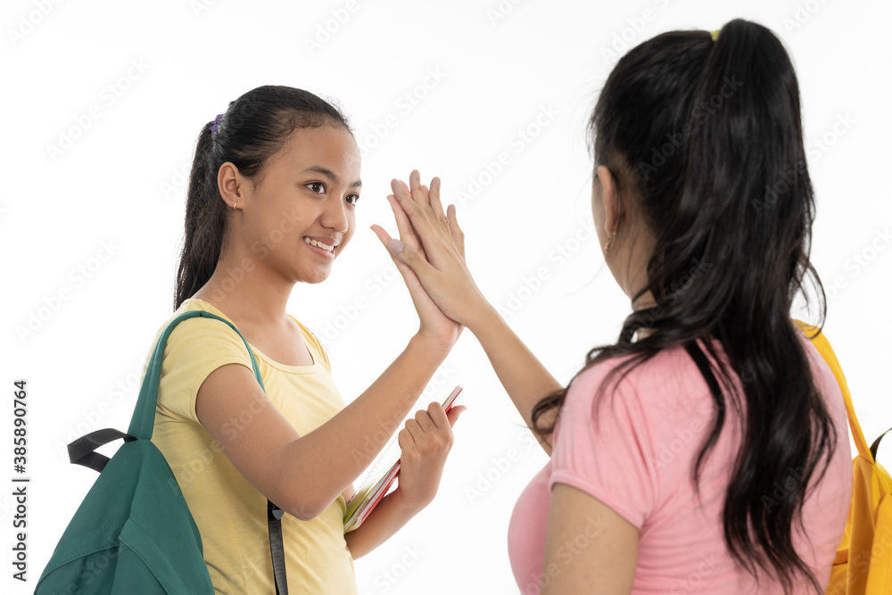 two couple student meet friend carrying bag and books in casual clothes isolated in white background two couple student meet friend carrying bag and books in casual clothes isolated in white background