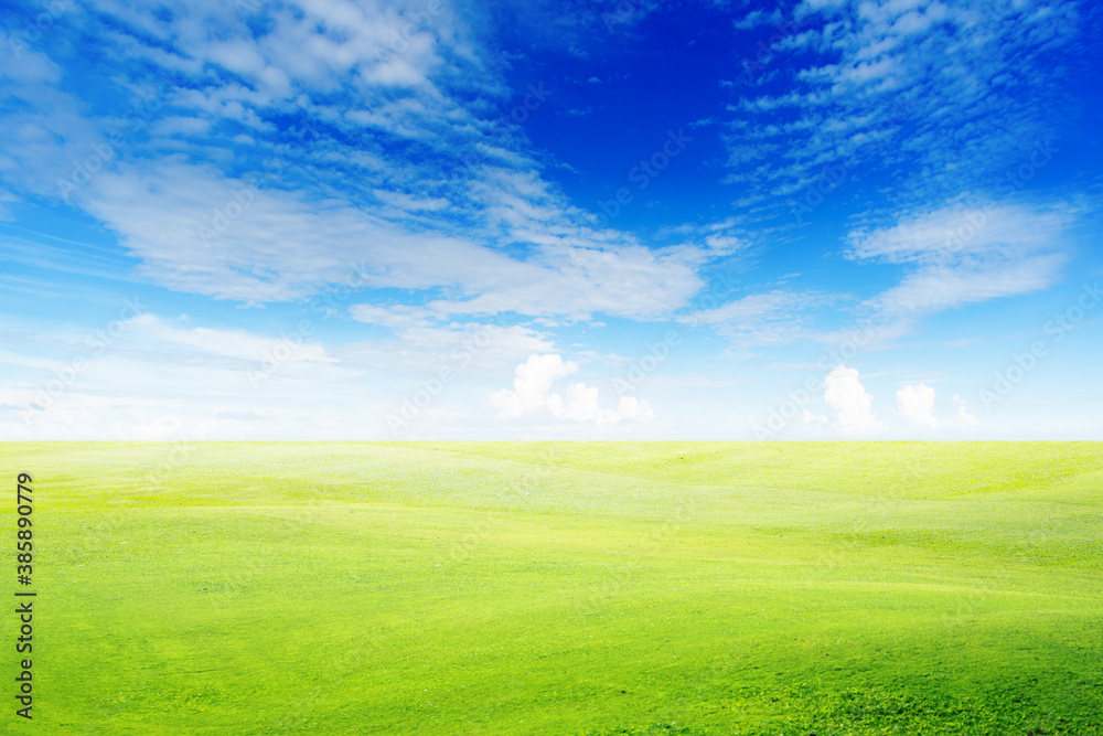 Landscape view of green grass on slope with blue sky and clouds background. Landscape view of green grass on slope with blue sky and clouds background.