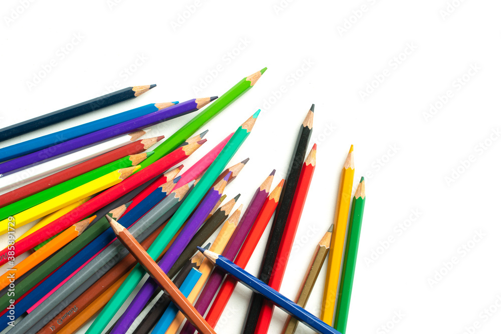Top views of Color pencils isolated on white background.Close up. Top views of Color pencils isolated on white background.Close up.
