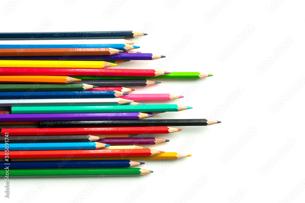Top views of Color pencils isolated on white background.Close up. Top views of Color pencils isolated on white background.Close up.