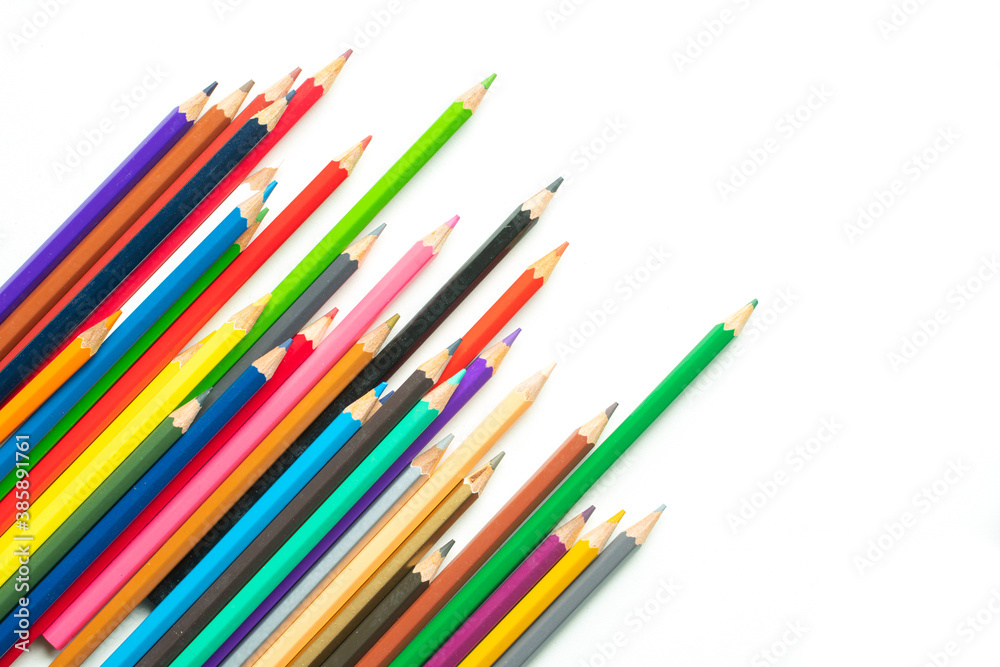 Top views of Color pencils isolated on white background.Close up.
