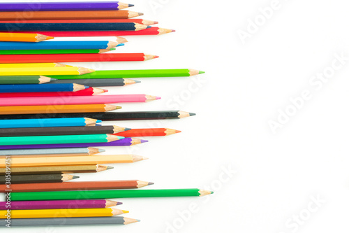 Top views of Color pencils isolated on white background.Close up.