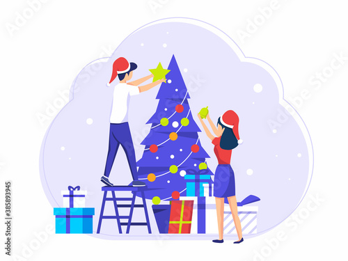 Team workers celebrate the Christmas holidays. Men put up Christmas tree ornament gifts. various kinds of gifts. vector illustration.