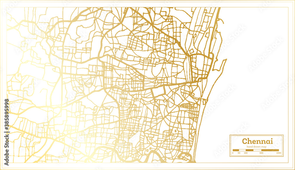 Chennai India City Map in Retro Style in Golden Color. Outline Map.