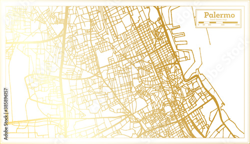 Palermo Sicily City Map in Retro Style in Golden Color. Outline Map.