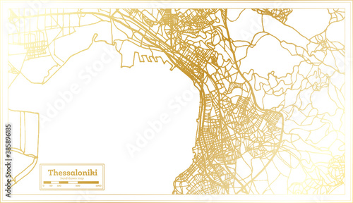 Thessaloniki Greece City Map in Retro Style in Golden Color. Outline Map.