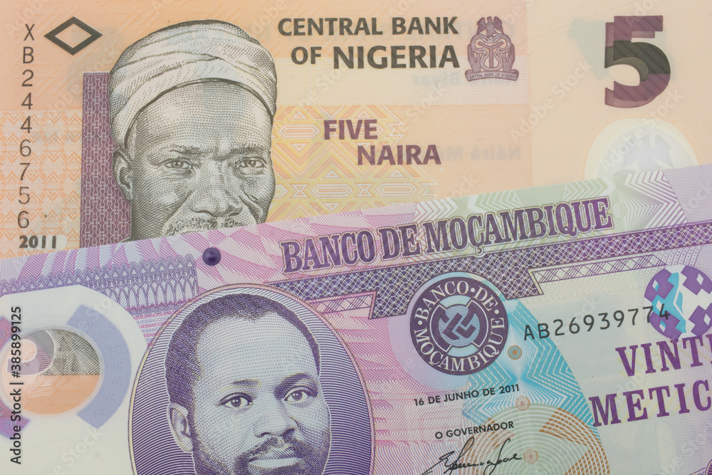 A macro image of a orange, plastic five naira note from Nigeria paired up with a purple, plastic twenty metical note from Mozambique.  Shot close up in macro.