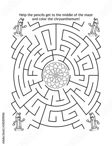 Maze game and coloring page for kids: Help the pencils find the way to the middle of the maze and paint the chrysanthemum flower!
