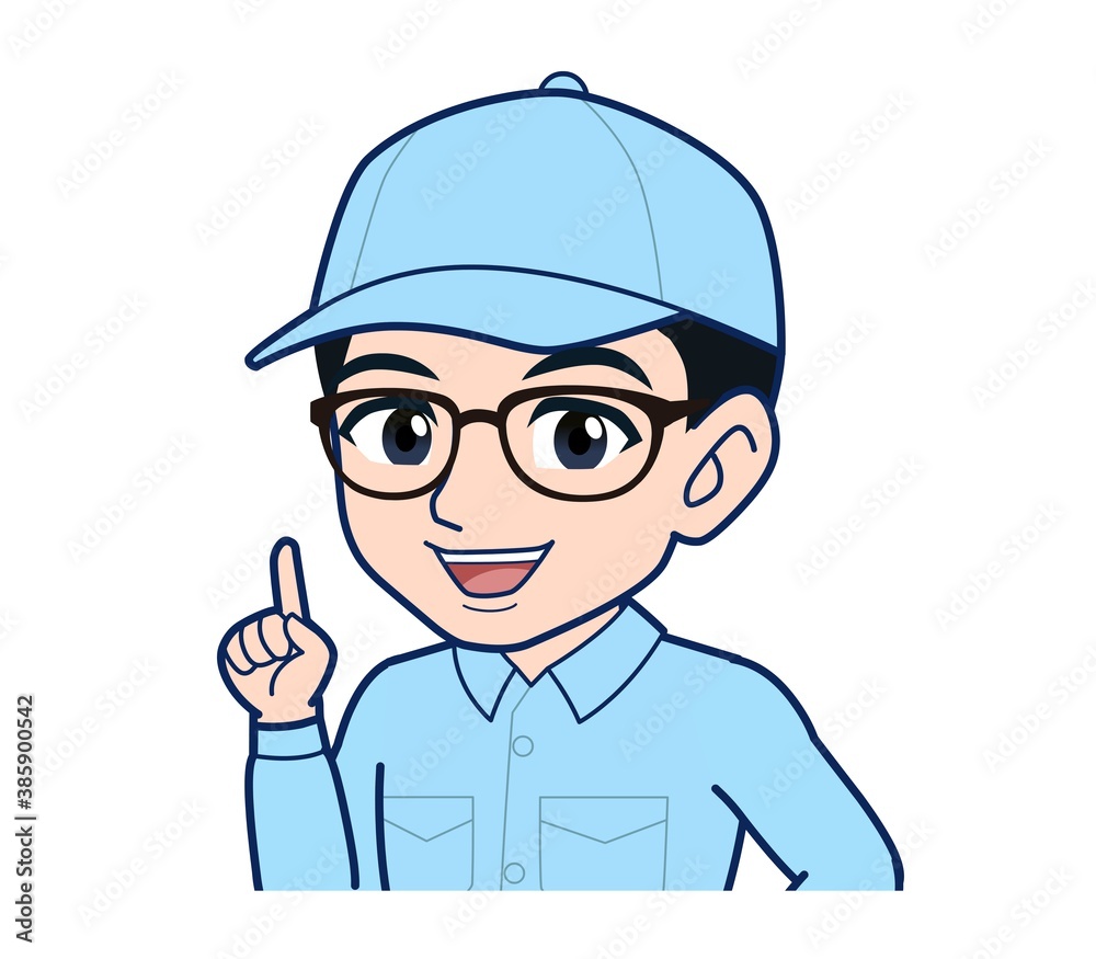 Young man in light blue work clothes Young man in light blue work clothes